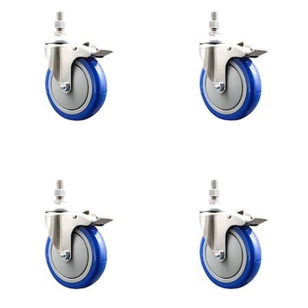 Service Caster 5 Inch 316SS Blue Polyurethane Wheel Swivel 1/2 Inch Stem Caster Set Lock Brake SS316TSTTL20S514-PPUB-BLUE-121315-4
